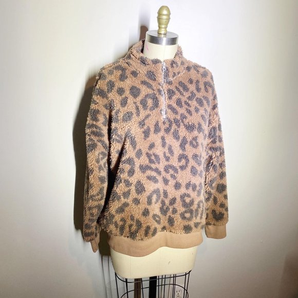 Grayson/Threads Leopard Print Teddy Zip Neck Pullover XL - Picture 9 of 15
